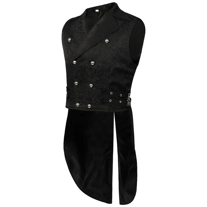 Men Medieval Vest Steampunk Coat Victorian Prom Costume Pleated Waistcoat Retro Top Double-breasted Jacquard Cloth