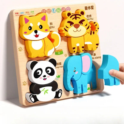 Montessori Cartoon 3D Wooden Puzzle Animal Traffic Jigsaw Toys for Kids Early Learning Educational Cognitive Game Children Gifts