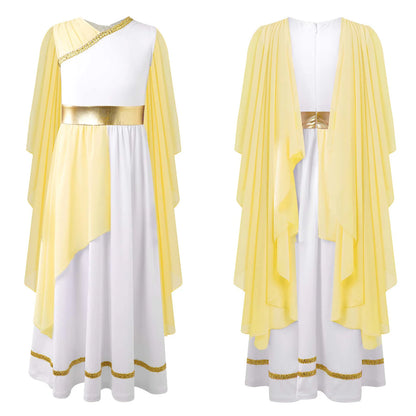 Girls Athena Costume Greek Princess Dress Ancient Greece Roman Toga with Laurel Headwear Halloween Carnival Cosplay Outfits Sets