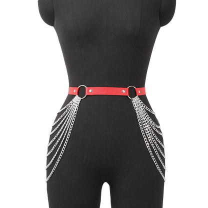 Women Punk Gothic PU Leather Waist‑Thigh Harness Garter Belt, Adjustable Chain Decor Accessory for Rave Festival Halloween Outfi