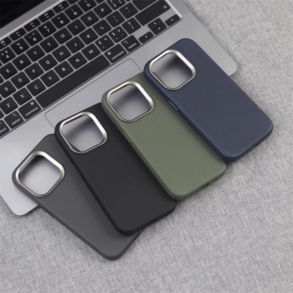 Luxury Alloy Lens Frame Particle PU Leather Magnetic Case For iPhone 18 17 16 Pro Max 15 14 13 For Magsafe Wireless Charge Cover