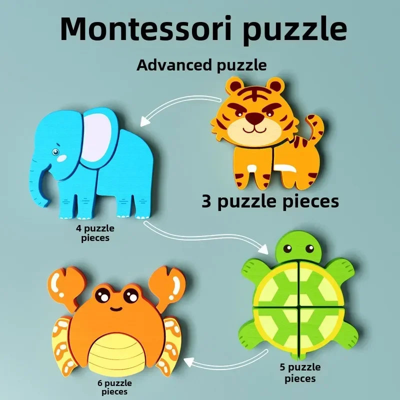 Montessori Cartoon 3D Wooden Puzzle Animal Traffic Jigsaw Toys for Kids Early Learning Educational Cognitive Game Children Gifts