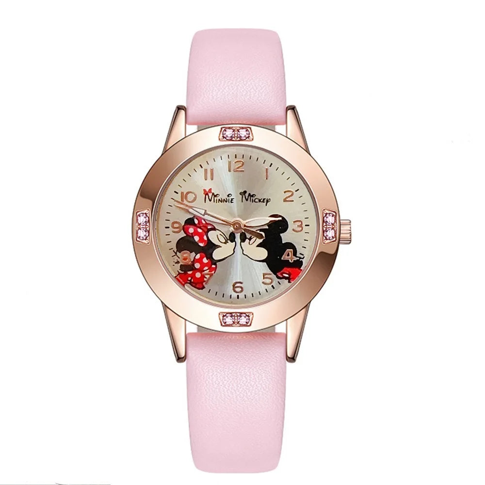Disney Mickey Mouse Cute Fashion Cartoon Children's Watch Leather Strap Suitable for Boys and Girls Quartz Watch Festival Gift