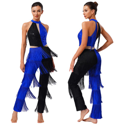 Women 70-80s Disco Latin Jazz Dance Cha-cha Bodysuit Shiny Sequin Tassel Jumpsuit Halloween Carnival Cosplay Performance Costume