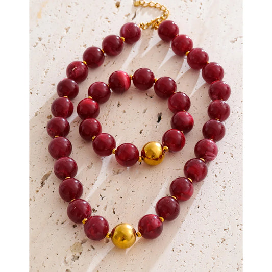 Yhpup Multi-color Resin Round Beads Chain Statement Necklace Bracelet Stainless Steel Popular Handmade Daily Trendy Jewelry Gift