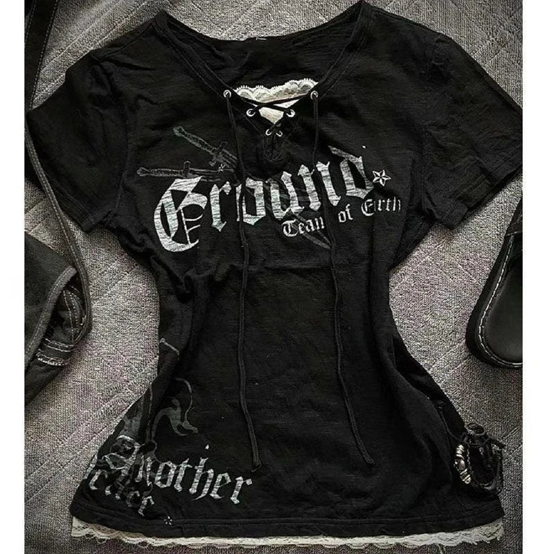 2000s American Vintage Gothic Black Women T-shirts Punk Style Graphic Grunge Tshirts Harajuku Y2k Long Sleeve Tops Streetwear