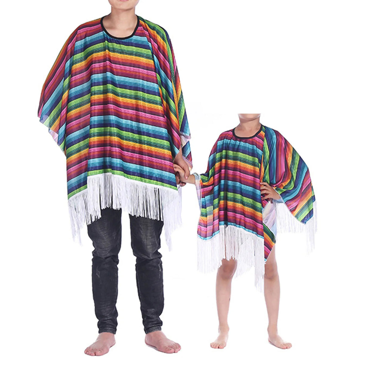 Kid Adult Mexican Party Costume Colorful Cloak Poncho Sombrero Hat Sunglasses Mustache Set for Mexican Fiesta Halloween Carnival