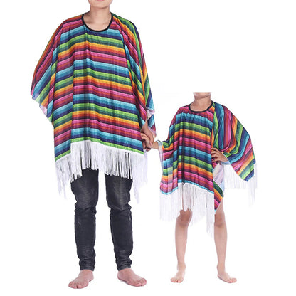 Kid Adult Mexican Party Costume Colorful Cloak Poncho Sombrero Hat Sunglasses Mustache Set for Mexican Fiesta Halloween Carnival