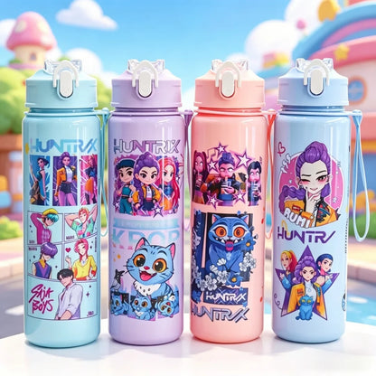 3D Printed Girl Cartoon Water Bottle, Stylish and Durable, Portable with Lanyard, Large Capacity, Leakproof, for All Ages.
