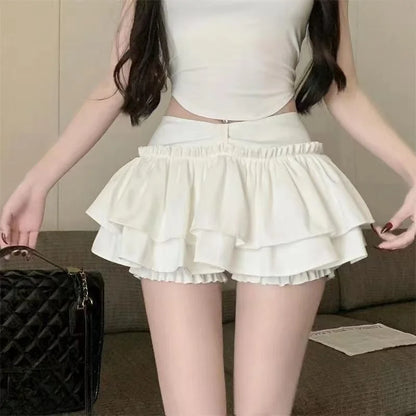 Women Skirts Tiered Ruffles Mini Skirt Cross Charms Built-in Shorts Kawaii Japanese Skort Gothic Punk Y2K Girl Harajuku 90s Sexy