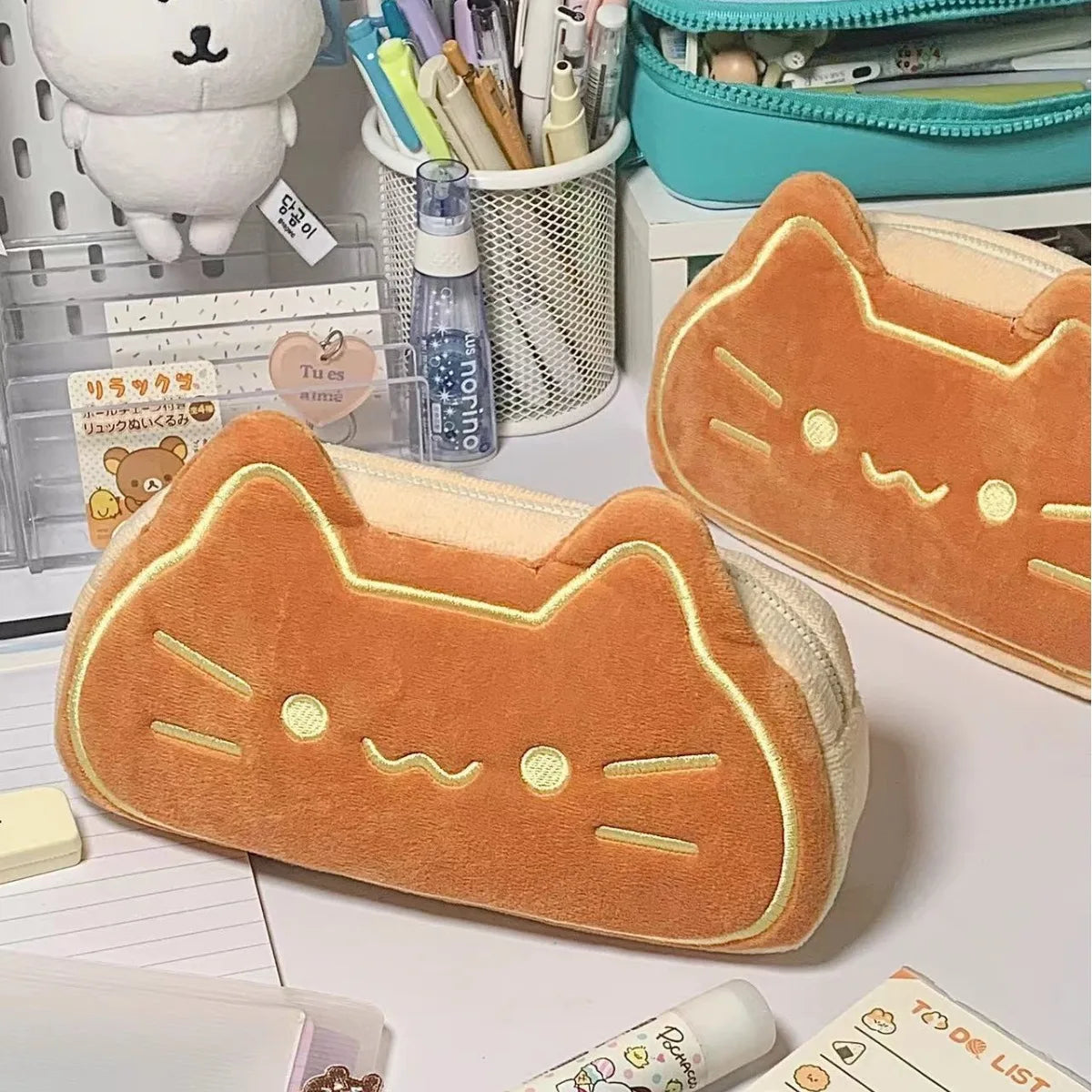 Ins Style Cartoon Pen Case Cute Caramel Cat Pen Bag Large Capacity Lovely Plush Animal Pencil Organizer Case School Supplies 1pc