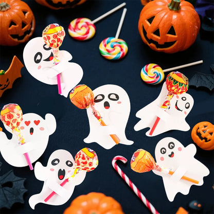 48pcs Ghost Lollipop Holder Happy Halloween Lollipop Decoration Paper Card Trick Or Treat Candy Pack kid Halloween Party