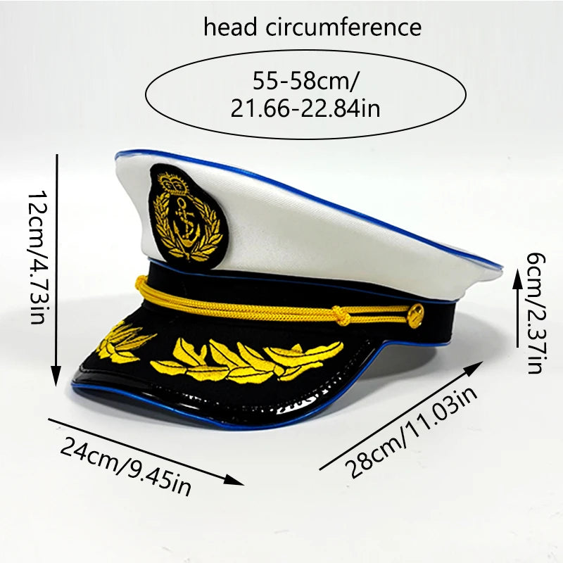 Cool White Military Hats with  Glowing LED Light Adult Navy Hat Yacht Cap Skipper  Sailor Captain Halloween Cosplay DJ Decor
