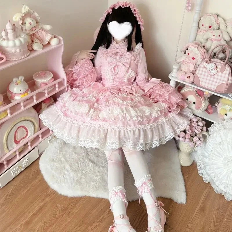 2025 New Victorian Sweet Lolita Dress Women Kawaii Cute Lace Ruffles Flower Wedding Bow Japanese Retro Elegant Princess Dresses