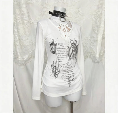 2000s American Vintage Gothic Black Women T-shirts Punk Style Graphic Grunge Tshirts Harajuku Y2k Long Sleeve Tops Streetwear