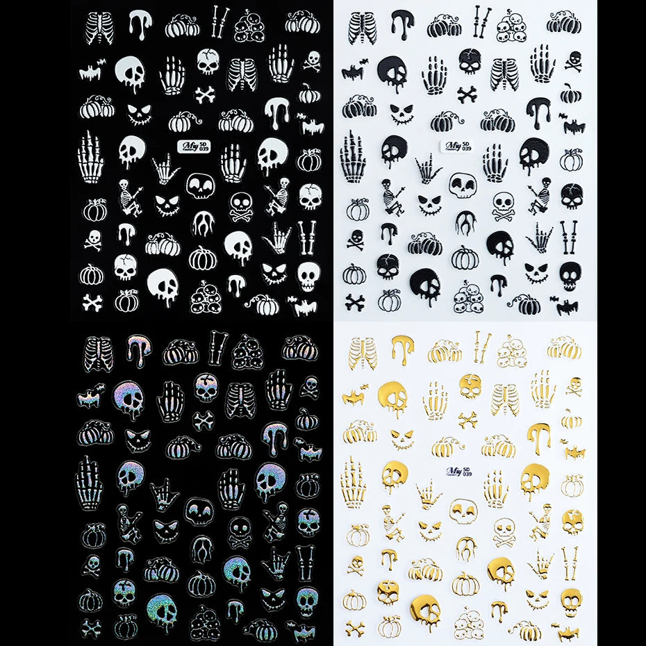 4 pcs 5D Embossed Gothic Skeleton Bones Nail Decals Horror Pumpkin Evil Smile Nail Stickers Y2K Halloween Carnival Nail Supplies