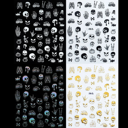 4 pcs 5D Embossed Gothic Skeleton Bones Nail Decals Horror Pumpkin Evil Smile Nail Stickers Y2K Halloween Carnival Nail Supplies