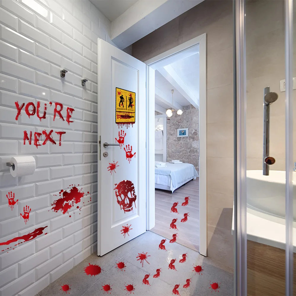 Halloween Wall Doors Windows Stickers Blood Handprint Footprint Skull Pattern Halloween Party Scene Decor Supplies Horror Props