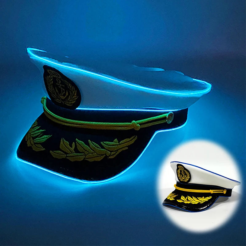 Cool White Military Hats with  Glowing LED Light Adult Navy Hat Yacht Cap Skipper  Sailor Captain Halloween Cosplay DJ Decor