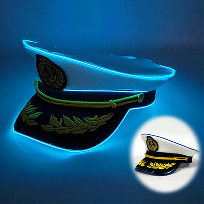 Cool White Military Hats with  Glowing LED Light Adult Navy Hat Yacht Cap Skipper  Sailor Captain Halloween Cosplay DJ Decor