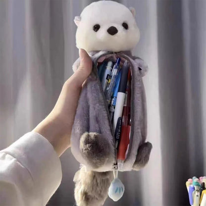 Creative Cute Sea Otter Shape Plush Pencil Bag 1PC Large Capacity INS Cartoon Pencil Case Velvet Pencil Case Student Stationery