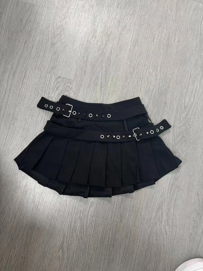 Black High Street Gothic Rivet Mini Skirt Woman Y2K Style Korean Fashion Aesthetic Skirts Elegant Retro A-line Denim Outfit 2025