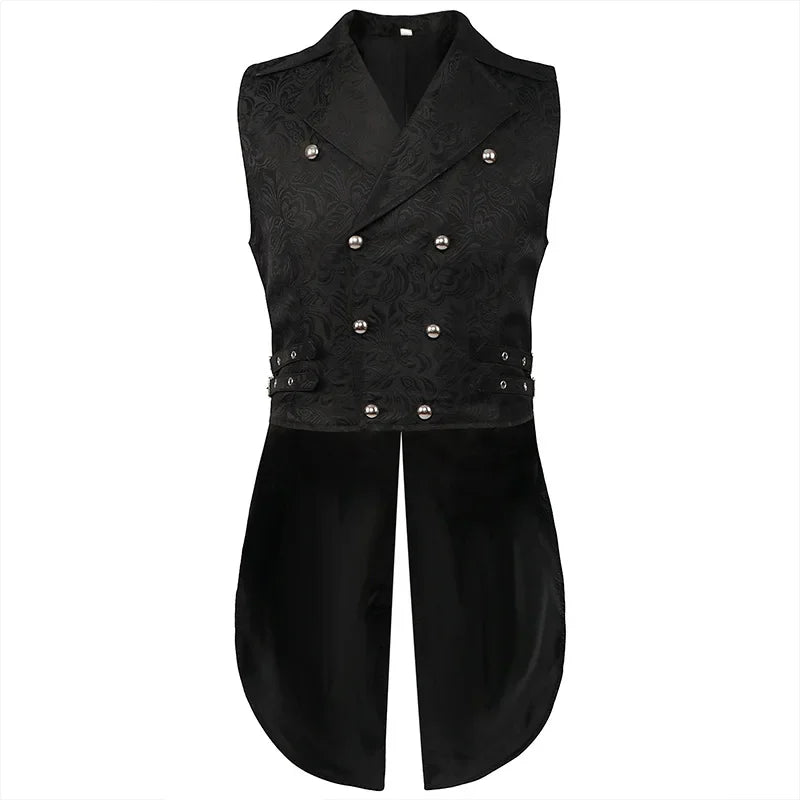 Men Medieval Vest Steampunk Coat Victorian Prom Costume Pleated Waistcoat Retro Top Double-breasted Jacquard Cloth
