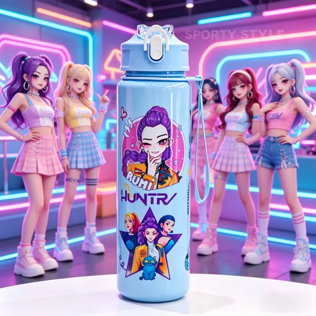 3D Printed Girl Cartoon Water Bottle, Stylish and Durable, Portable with Lanyard, Large Capacity, Leakproof, for All Ages.
