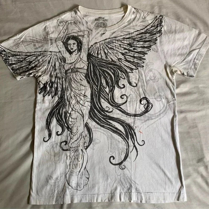 Retro Blue Gothic Pattern Printed Hip Hop Street Fashion Y2K Plus Size T shirt Round Neck Short Sleeve Women Couple Couple Top