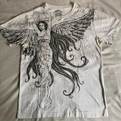 Retro Blue Gothic Pattern Printed Hip Hop Street Fashion Y2K Plus Size T shirt Round Neck Short Sleeve Women Couple Couple Top