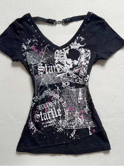 2000s American Vintage Gothic Black Women T-shirts Punk Style Graphic Grunge Tshirts Harajuku Y2k Long Sleeve Tops Streetwear