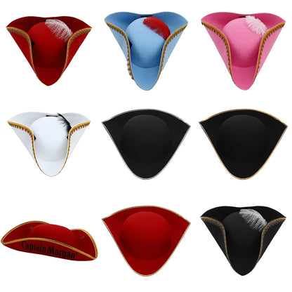 Men Women Unique Tricorn Hat Pirate Cap Metallic Brim Embellish Felt Hat for Masquerade Halloween Cosplay Colonial Costume Hat