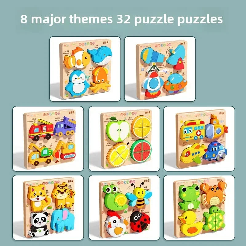 Montessori Cartoon 3D Wooden Puzzle Animal Traffic Jigsaw Toys for Kids Early Learning Educational Cognitive Game Children Gifts