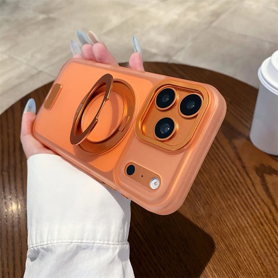 Luxury 360 Rotating Magnetic Stain-resistant Case For iPhone 17 18 Pro Max Shockproof TPU Hybrid PC For Magsafe Stand Cover