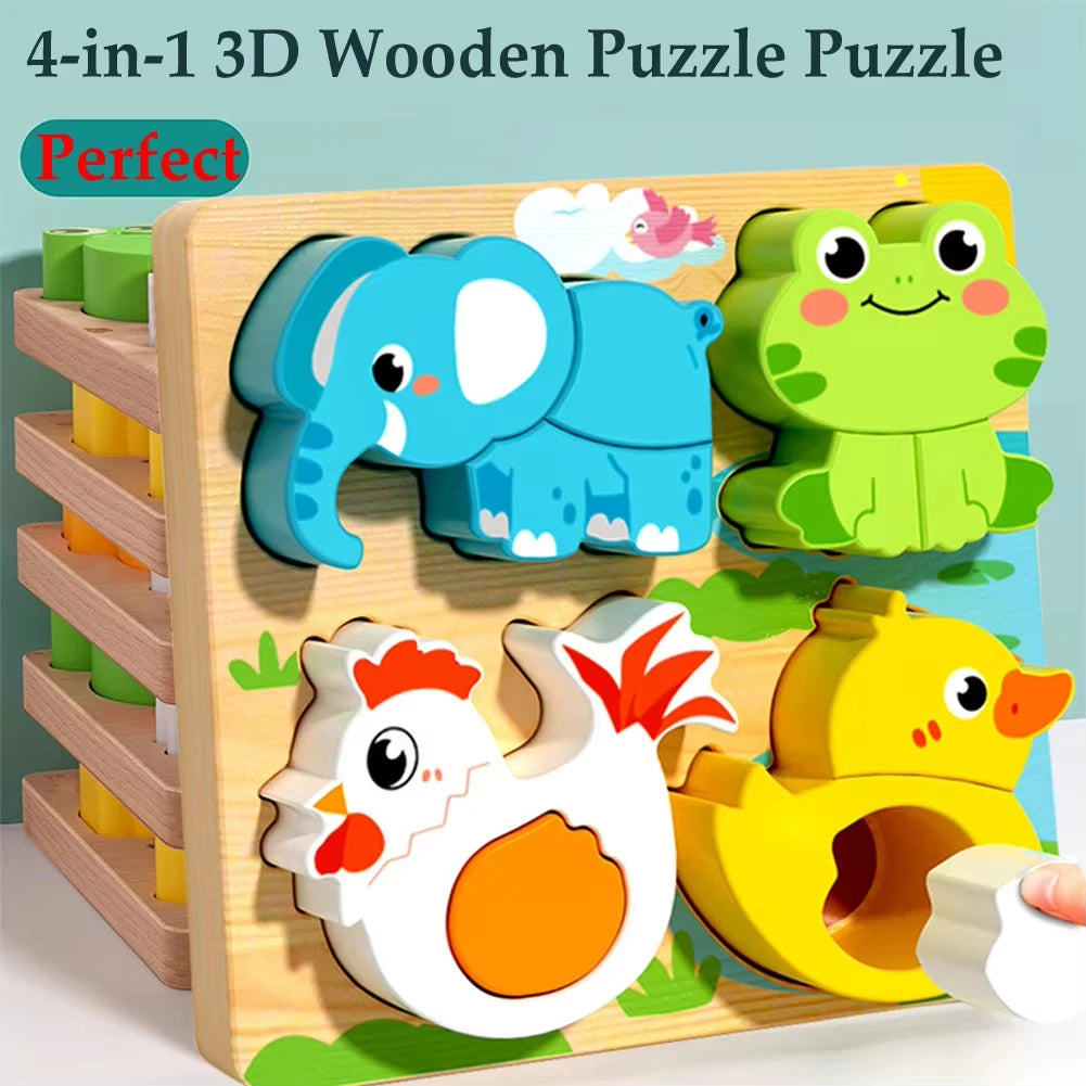 Montessori Wooden 3D Puzzle for Toddlers Animal & Vehicle Shape Matching Blocks Educational Sensory Learning Toy Kids 1-3 Years