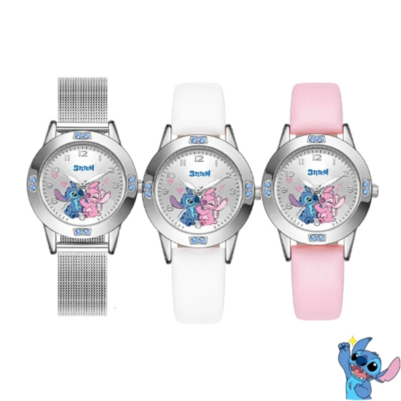 Disney Stitch Girl's Watches Diamond Quartz Watch for Women Stich Cartoon Leather Wristwatches Fashion Steel Belt Watch Gift
