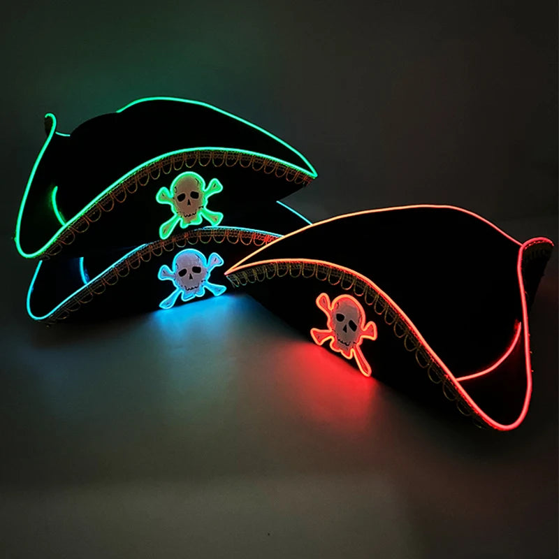 Halloween LED Black Pirate Hat For Adult Pirate Theme Party Glowing Captain Cap Cosplay Costume Luminous Hat With Skull Pattern
