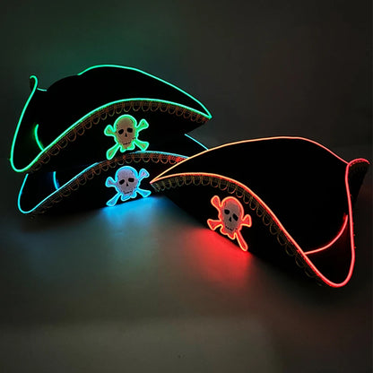 Halloween LED Black Pirate Hat For Adult Pirate Theme Party Glowing Captain Cap Cosplay Costume Luminous Hat With Skull Pattern