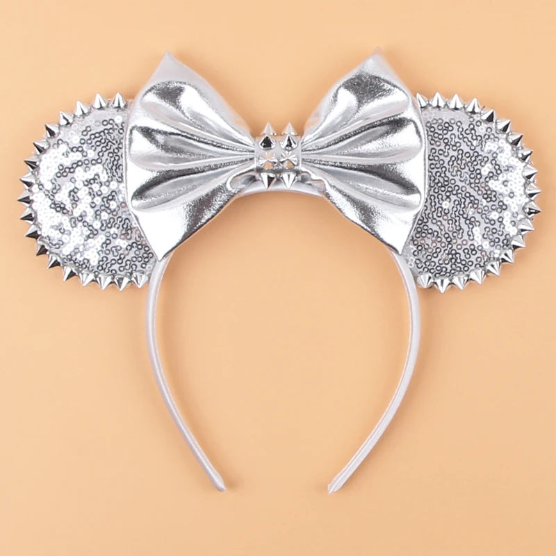 1pc Mickey Mouse Ear Hair Hoop Pu Leather Sequins Butterfly Knot Personalized Rivet Holiday Party Wear Halloween Headband