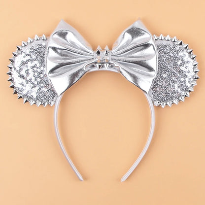 1pc Mickey Mouse Ear Hair Hoop Pu Leather Sequins Butterfly Knot Personalized Rivet Holiday Party Wear Halloween Headband