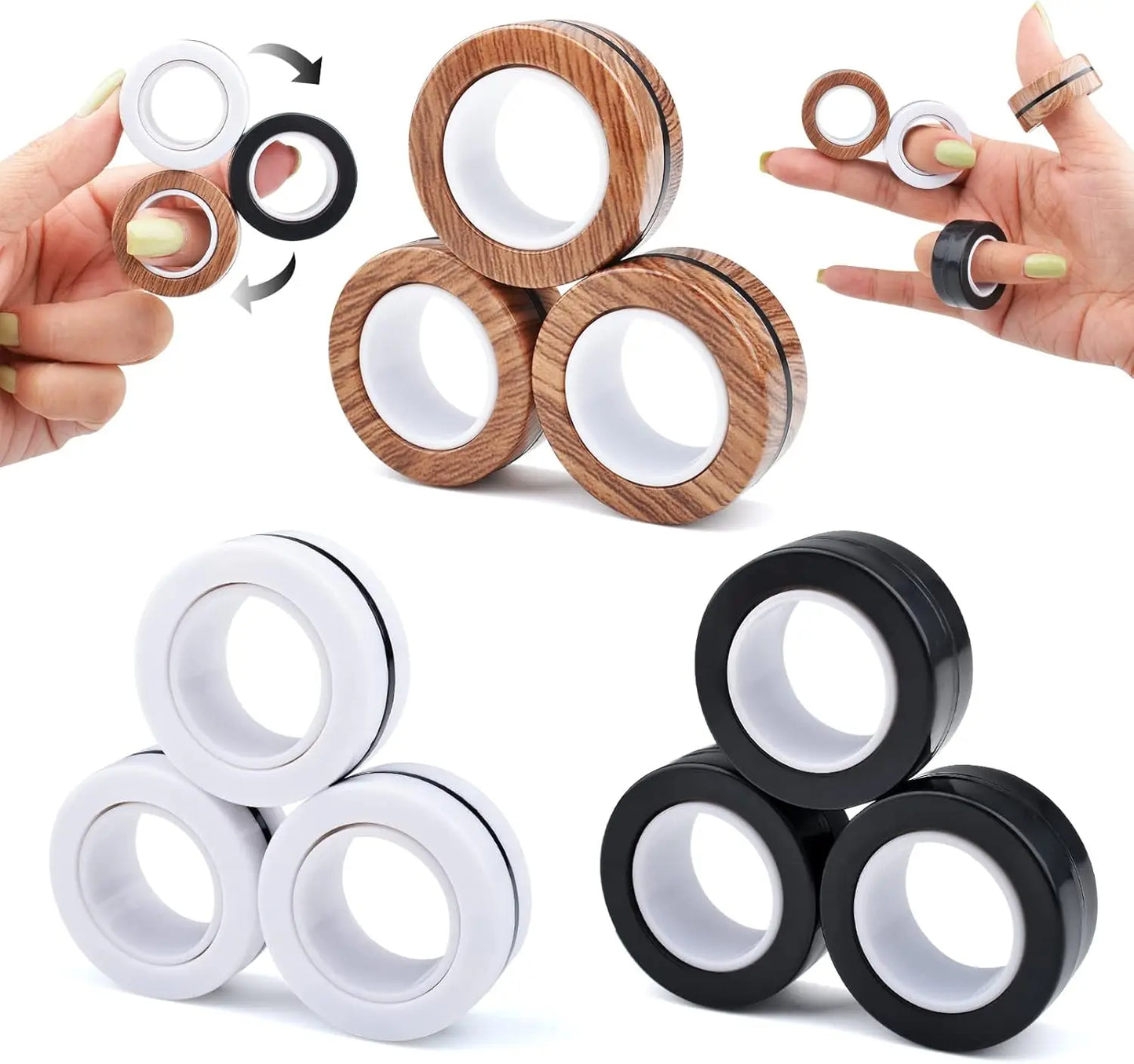 3PCS Magnetic Ring Fidget Toys Set ADHD Anxiety Magnetic Finger Spinner Pack for Teens Adults and Kids Magnet Stress Relief Toy