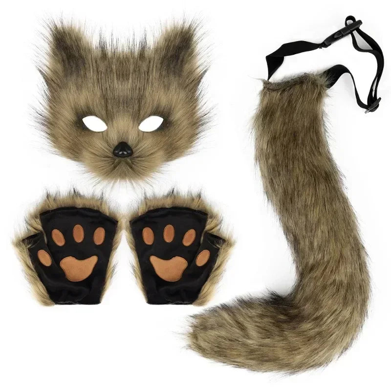 Cat Cosplay Costume Foxes Mask+Tail +Gloves Set  Halloween Costume Accessorie Wolf Therian Theme Party Dress Up Prop Accessories