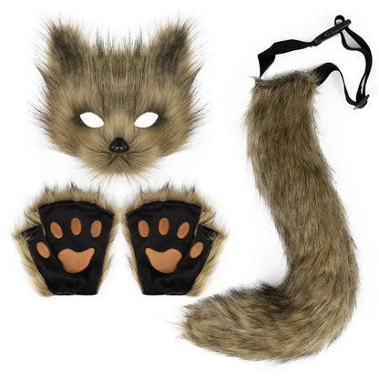 Cat Cosplay Costume Foxes Mask+Tail +Gloves Set  Halloween Costume Accessorie Wolf Therian Theme Party Dress Up Prop Accessories