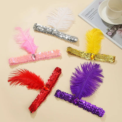 1920s Flapper Headband Feather Headpiece Sequin Headband with Gem for Gatsby Party Halloween Costume Accessory