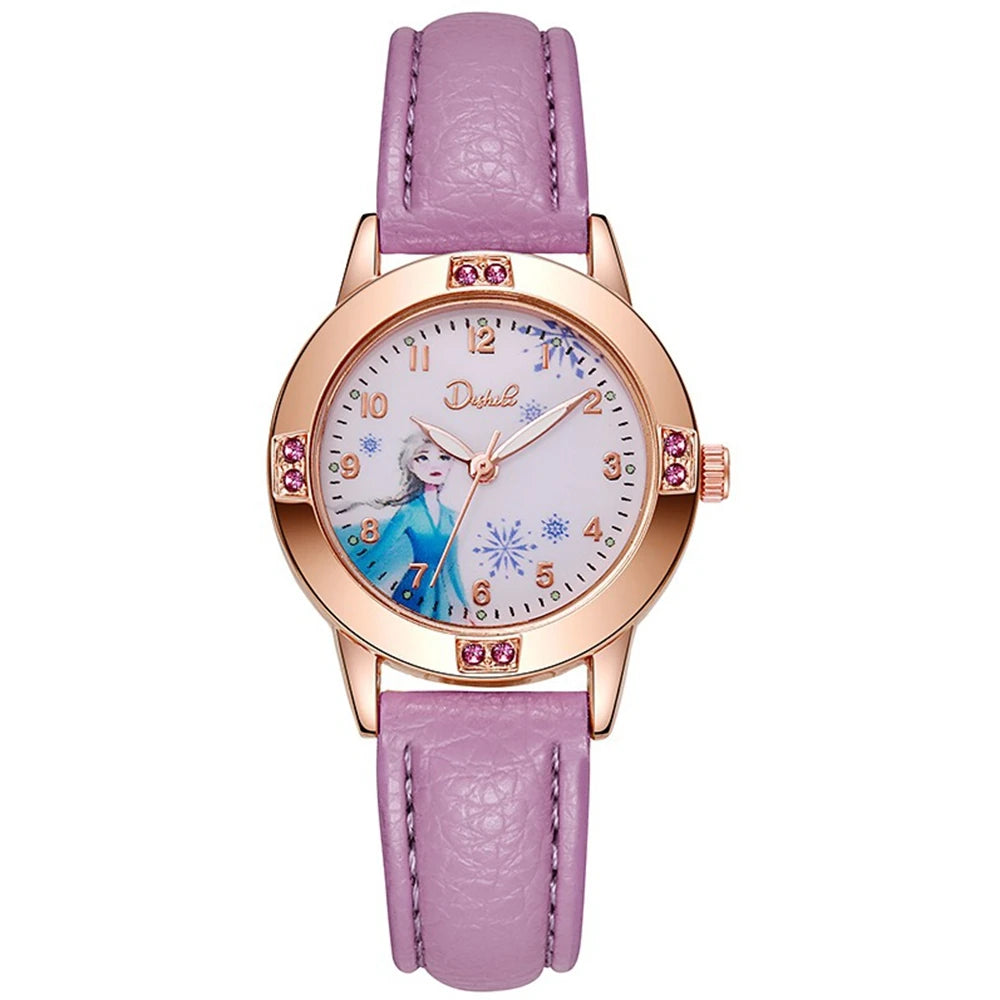 Cartoon Princess Girl Children's Fashion Watch Quartz Movement PU Leather Strap Female Student Watch Suitable for Children's Gif