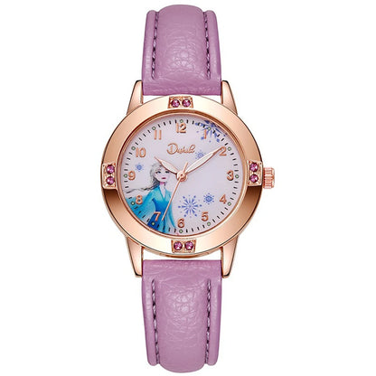 Cartoon Princess Girl Children's Fashion Watch Quartz Movement PU Leather Strap Female Student Watch Suitable for Children's Gif