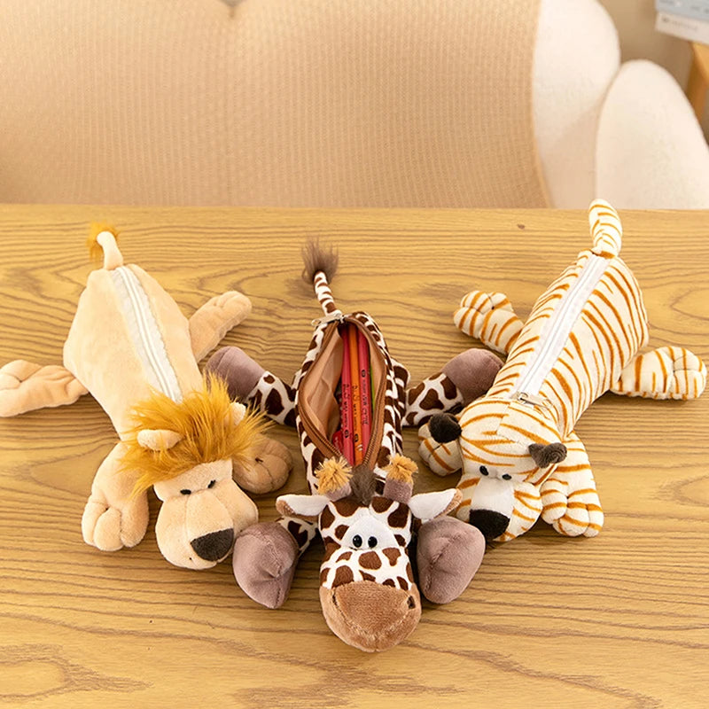 Cartoon Animal Elephant Lion Plush Pen Case For Kid School Season Large Capacity Supplies Stationery Storage Bag For Kid Gift