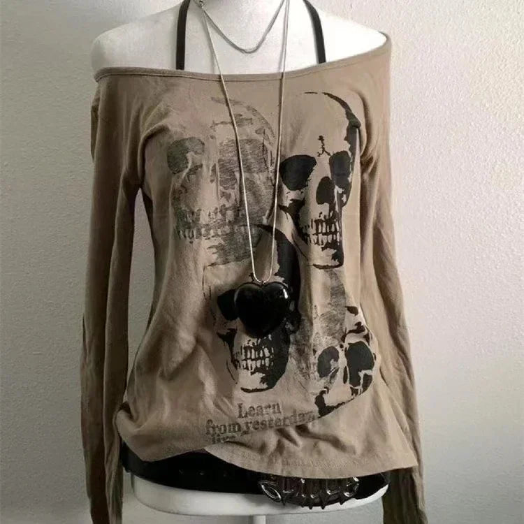 2000s American Vintage Gothic Black Women T-shirts Punk Style Graphic Grunge Tshirts Harajuku Y2k Long Sleeve Tops Streetwear