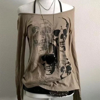 2000s American Vintage Gothic Black Women T-shirts Punk Style Graphic Grunge Tshirts Harajuku Y2k Long Sleeve Tops Streetwear