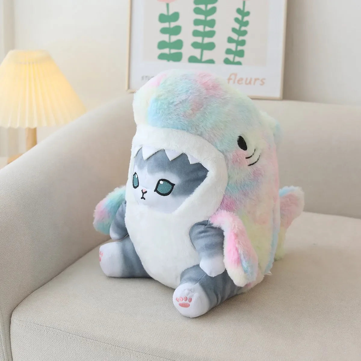 Kawaii Shark Cat Plush Toy Soft Stuffed Colorful Shark Cat Doll Kids Toys Birthday Christmas Gift for Boys Girls